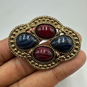 3/$30 Vintage 1928 Brooch Gold Tone Maroon Blue Marbled Cabochon Stones Ornate